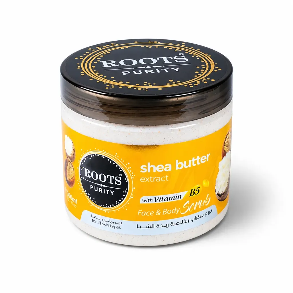 A physical scrub with rounded granules, enriched with shea butter.
